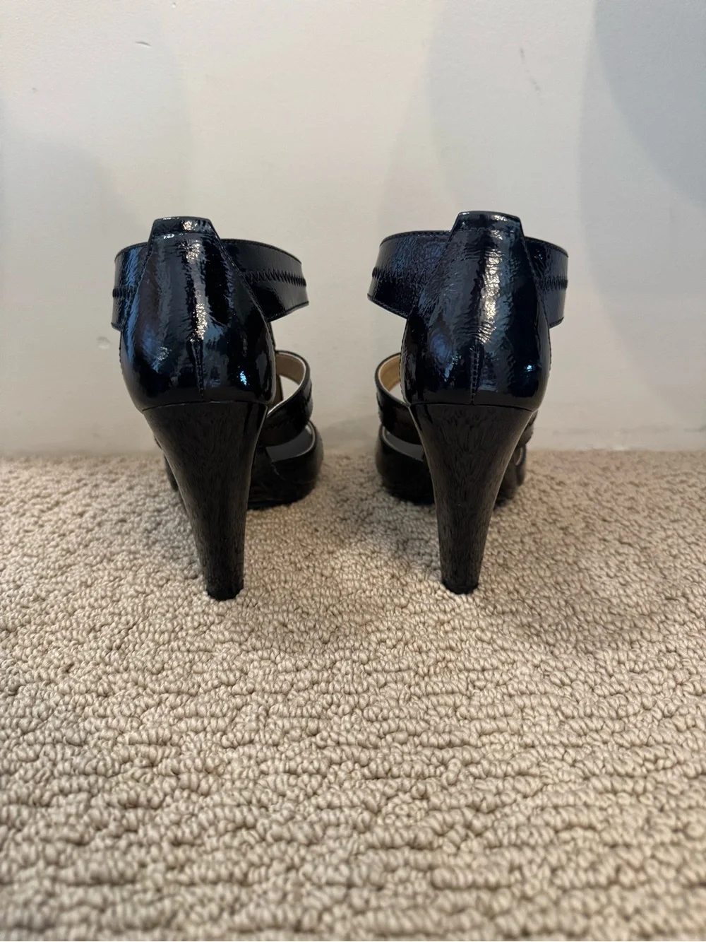 Michael Kors Black Patent Leather Front-Zip Strappy Heels
